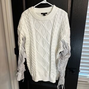Forever21 White Cable Knit Sweater with Striped Sleeves
